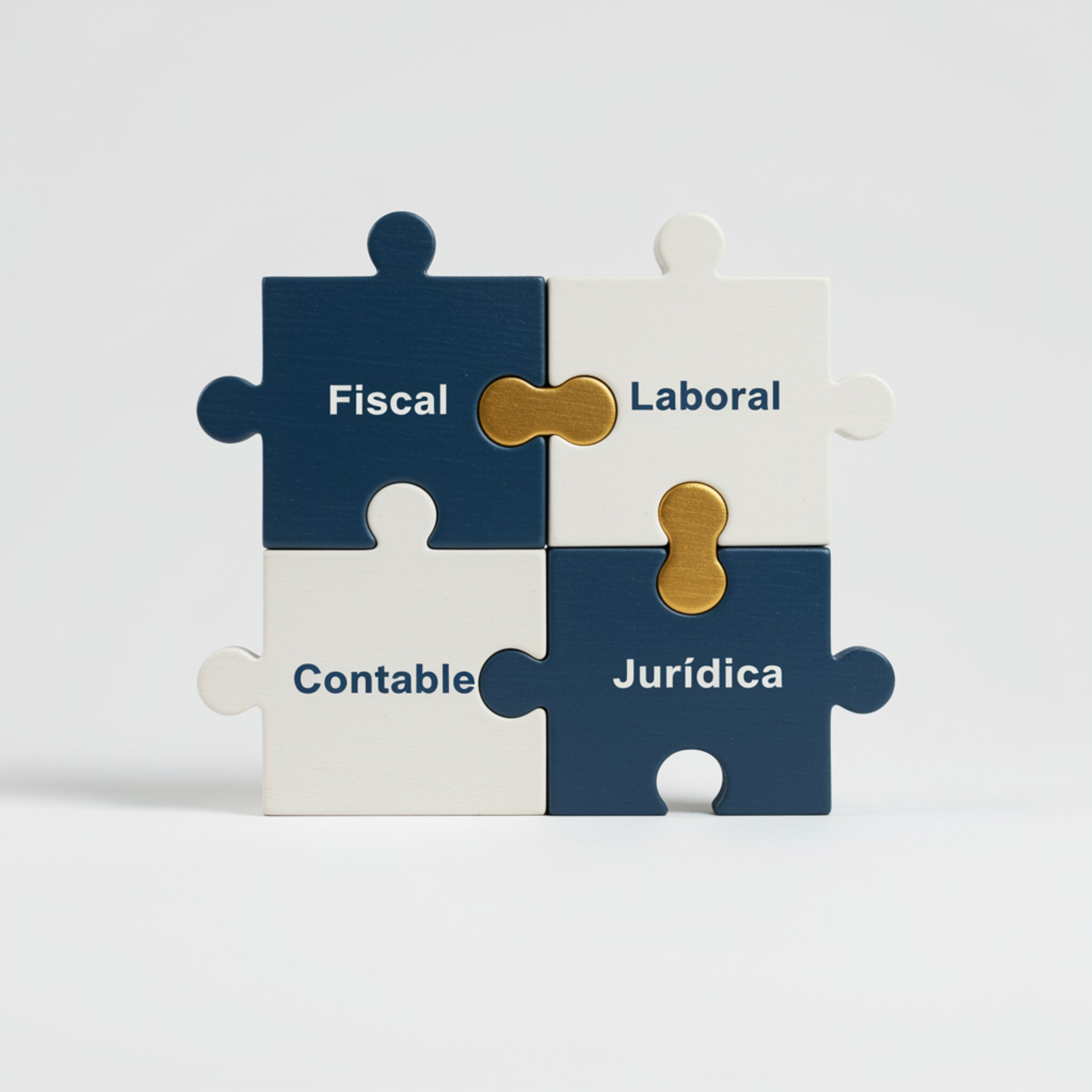 "Ilustración conceptual decorativa de servicios integrados con piezas de rompecabezas etiquetadas 'Fiscal', 'Laboral', 'Contable' y 'Jurídica' en una paleta de colores armoniosa, simbolizando soluciones unificadas y colaboración eficiente."