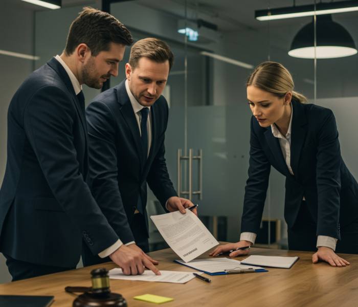 "Profesionales en traje formal discutiendo contratos y asesoría legal en una sala de reuniones moderna, ilustrando servicios de trabajo, contabilidad y consultoría jurídica."