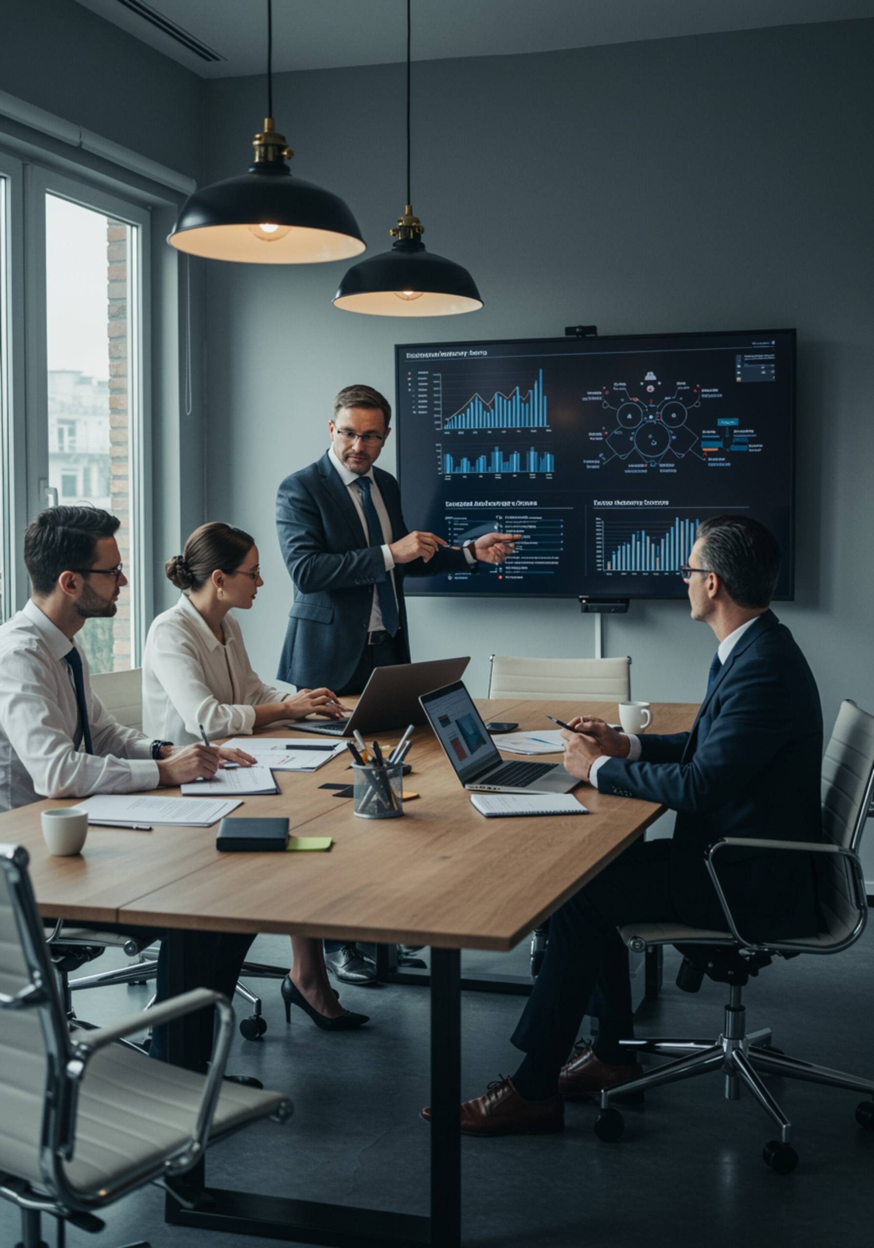 "Imagen de un grupo de cuatro profesionales blancos colaborando en una sala de reuniones moderna, analizando servicios de asesoría integrados con laptops y gráficos financieros."
