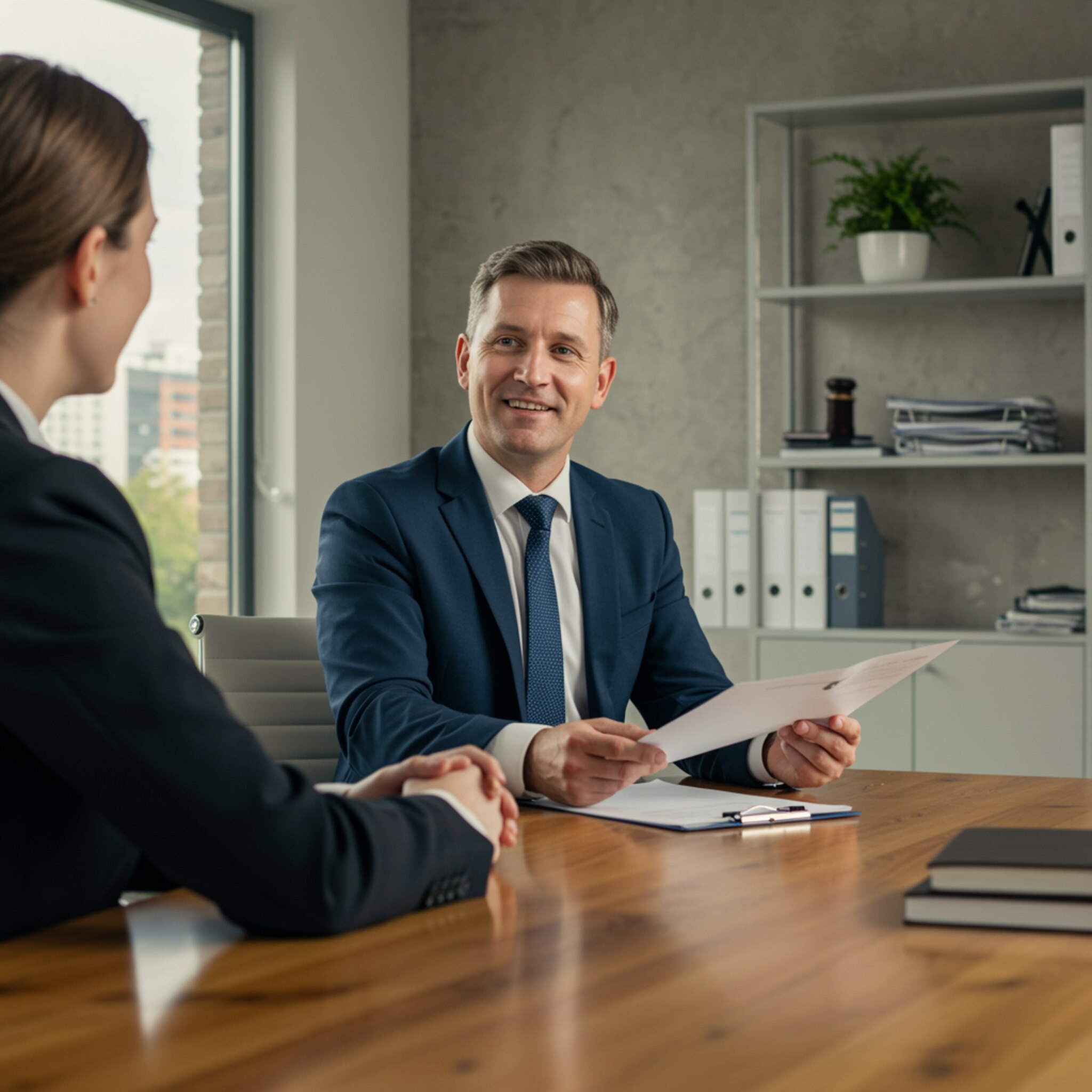 "Ilustración digital fotorrealista de una oficina corporativa moderna que refleja confianza y profesionalismo en consultoría fiscal, laboral, contable y legal."