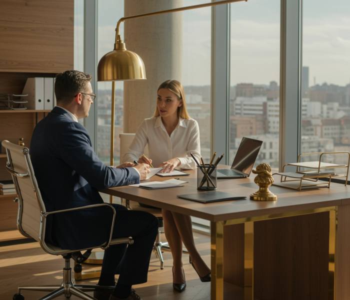 "Oficina moderna y fotorealista con asesores financieros en un ambiente profesional, mostrando un cliente y documentos organizados en un escritorio elegante."