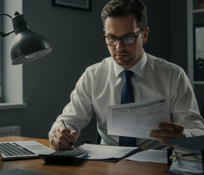 "Contador fiscal revisando formularios y libros contables en una moderna oficina, simbolizando profesionalismo y experiencia financiera."